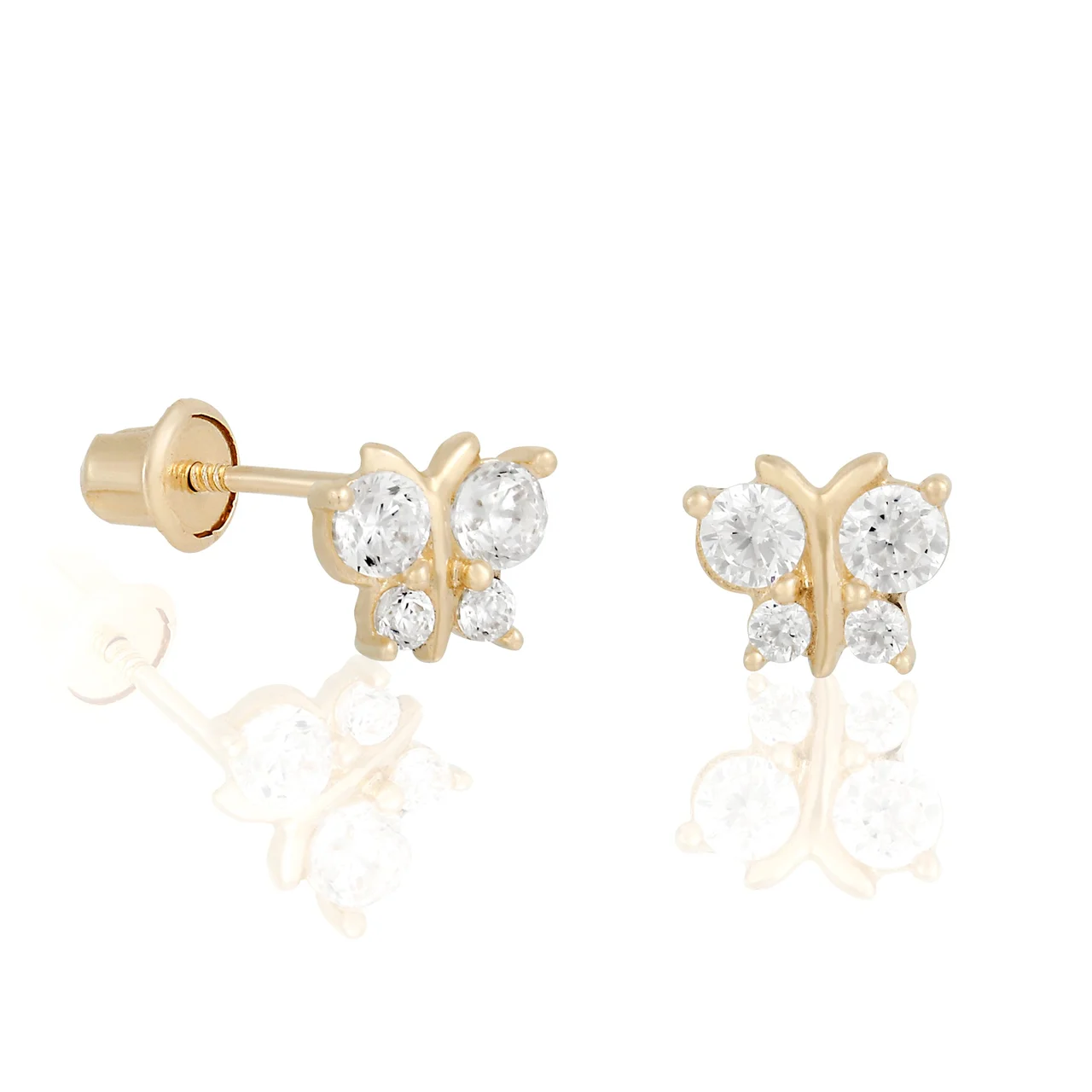 14k Solid Gold Crystal Butterfly Stud Earrings