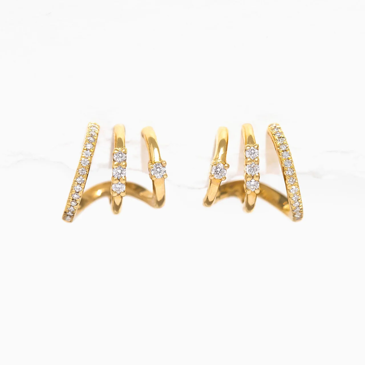 14k Solid Gold Diamond Golden Halo Triple Hoops