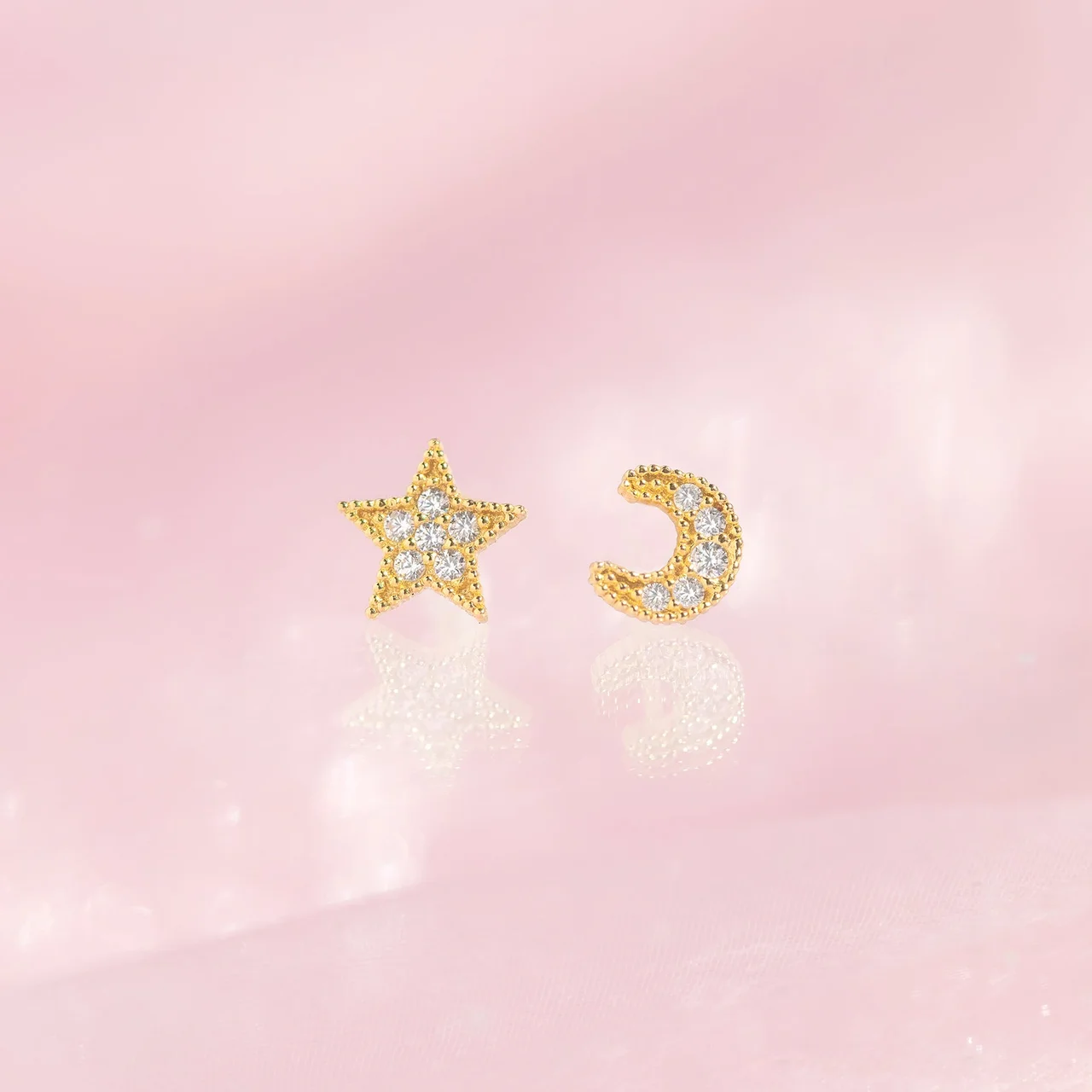 14k Solid Gold My Moon and Stars Stud Earrings - Image 3