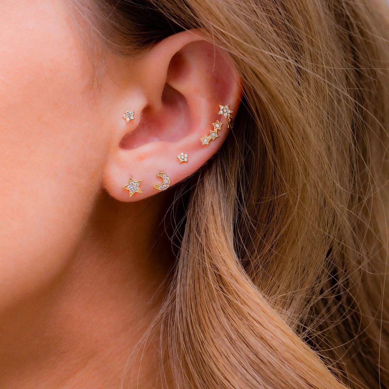 14k Solid Gold My Moon and Stars Stud Earrings - Image 6