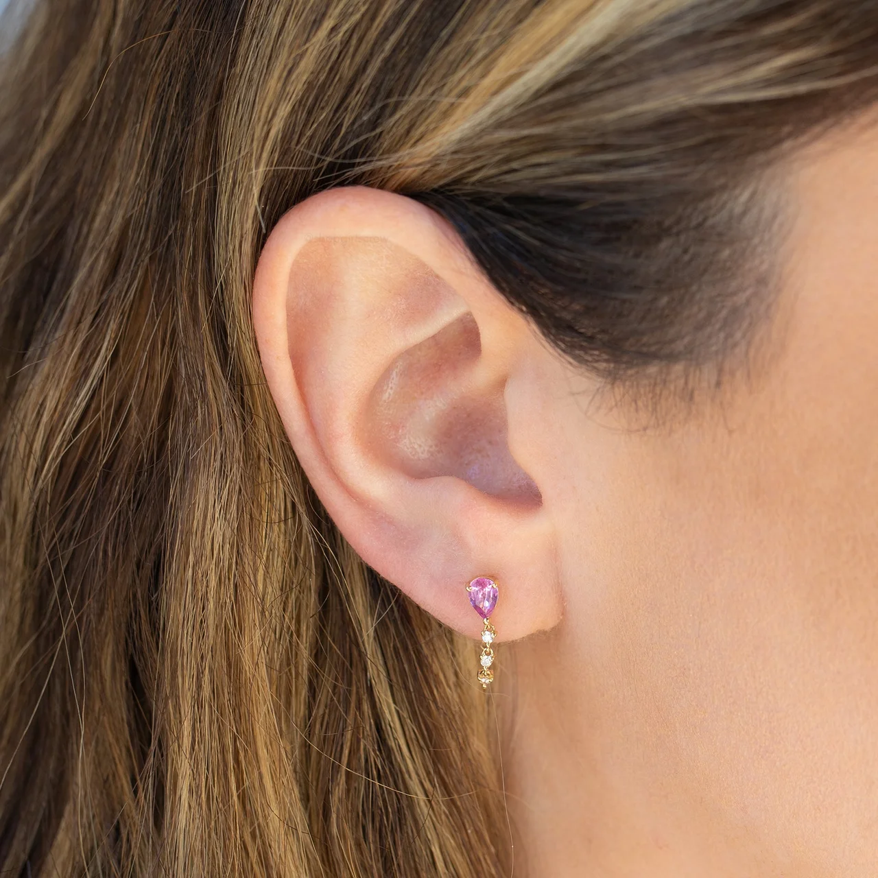 14k Solid Gold Pink Matter Chain Earring - Image 2