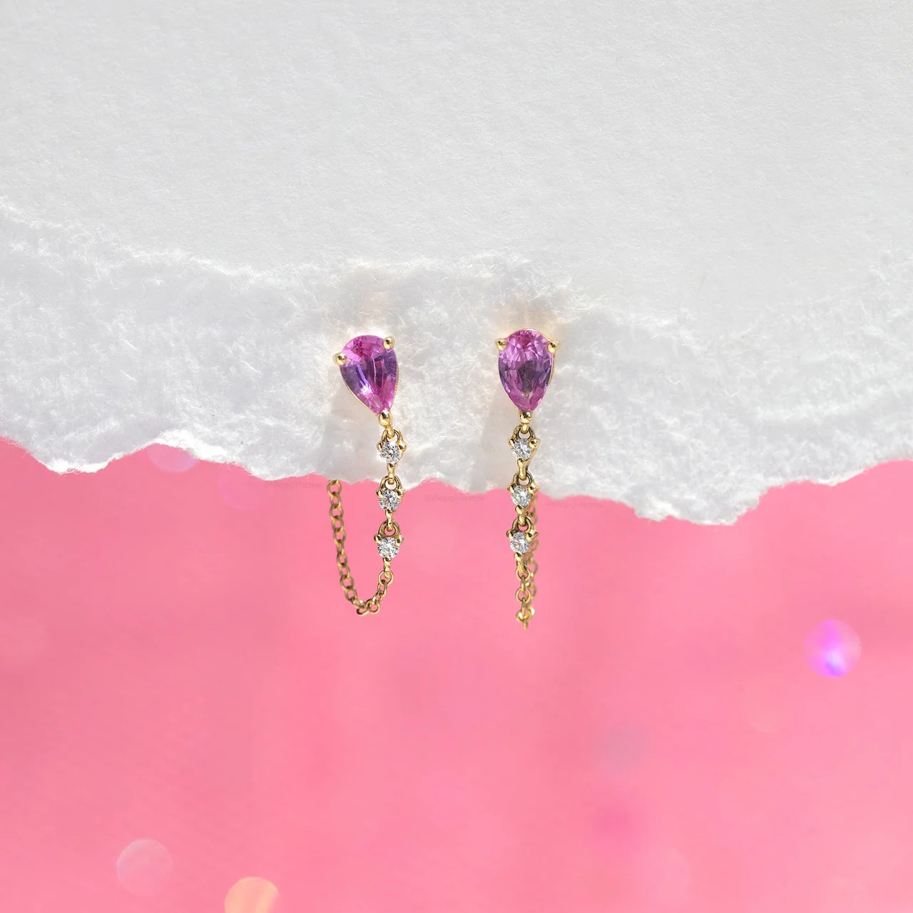 14k Solid Gold Pink Matter Chain Earring - Image 3